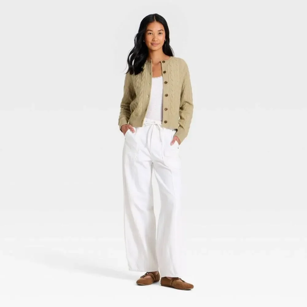 Women's Heritage Cable Crewneck Cardigan - Universal Thread Sage Green S